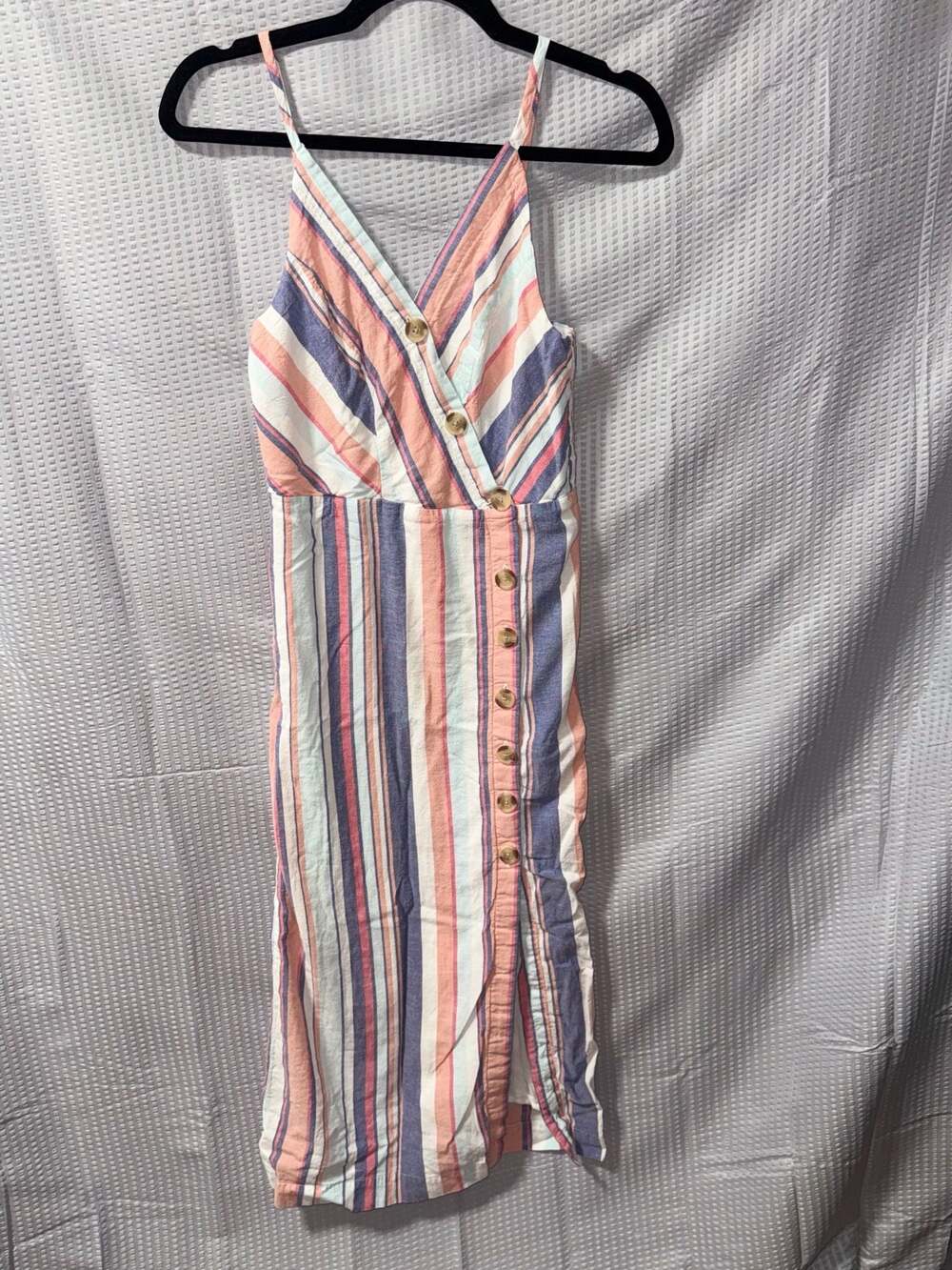 Sandy & Sid Striped Button-Front Linen Blend Midi Dress with Slit